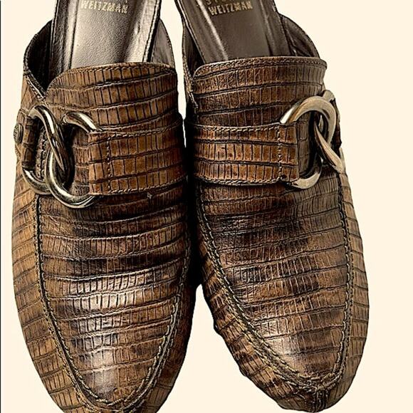 Stuart Weitzman Leather Croc Embossed Mules Clogs Shoes Women's Size 10 - Picture 2 of 11